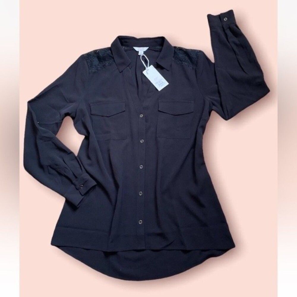 Candies Women Black Lace Shoulder Trim Roll Tab Sleeve Button Down Shirt M